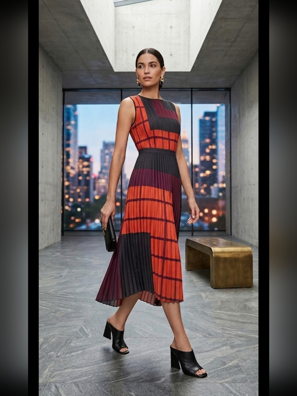 BCBGMaxAzria Asymmetrical Sleeveless Pleated Dress in Red and Black,Size XS.